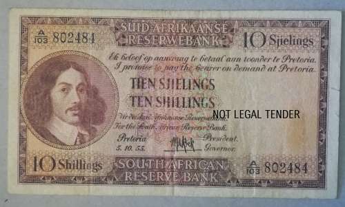 SOUTH AFRICA 10 SHILLING NOTE - DE KOCK - A103/802484  (5.10.55)