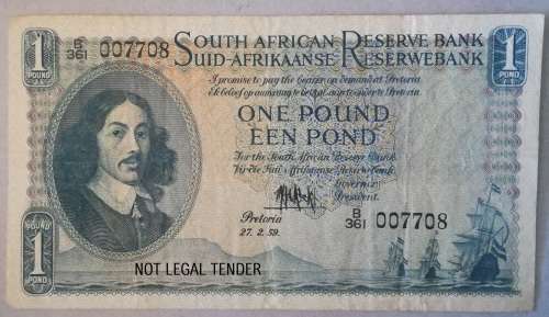 SOUTH AFRICA 1 POUND/POND NOTE - DE KOCK - 27.2.1959