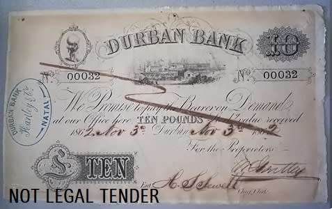 EXTREMELY RARE - 3 NOV 1862 DURBAN BANK 10 POUND/POND - LOW NUMBER