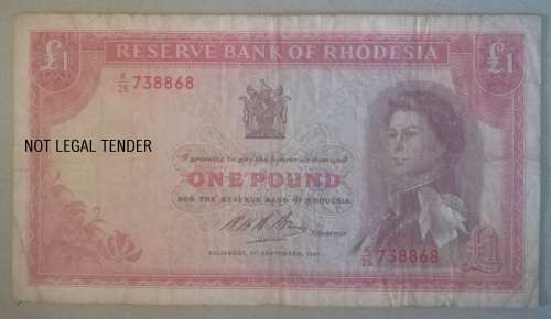 1 SEPTEMBER 1967 BANK of RHODESIA 1 POUND NOTE (K25/738868) - RARE