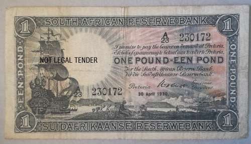 RARE YEAR - 30 APRIL 1930 - SOUTH AFRICA 1 POUND/POND NOTE - WH. CLEGG