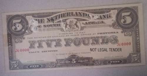 ONE OF THE REARREST NOTES - NETHERLANDS BANK of SOUTH AFRICA (PTA) - 5 POUNDS