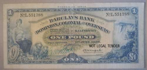 1 JUNE 1936 - RHODESIA ISSUE - 1 POUNDS -  BARCLAYS BANK - ONE OF THE RARE RHODESIA NOTES