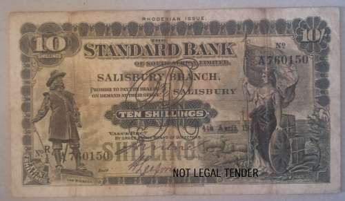 4 APRIL 1930 - RHODESIA ISSUE - 10 SHILLING -  STANDARD BANK - ONE OF THE RARE RHODESIA NOTES