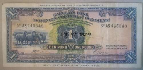 2 JAN 1951 - SIUD WES AFRIKA ISSUE - 1 POUND / POND -  BARCLAYS BANK - ONE OF THE RARE SWA NOTES