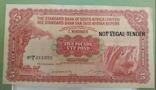 4 DEC 1952 - WINDHOEK ISSUE - 5 POUND - STANDARD BANK OF SOUTH AFRICA