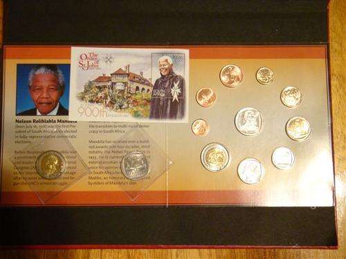 Mandela 2000 Coin Set + Unc 1994 R5 + Unc 2008 Birthday R5 + St.John Mini Sheet