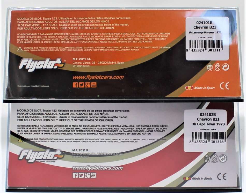 Fly - Chevron B21 1972 3Hr Lourenco Marques & 1972 Team Gunston 3Hr Cape Town Slot Cars - Unused