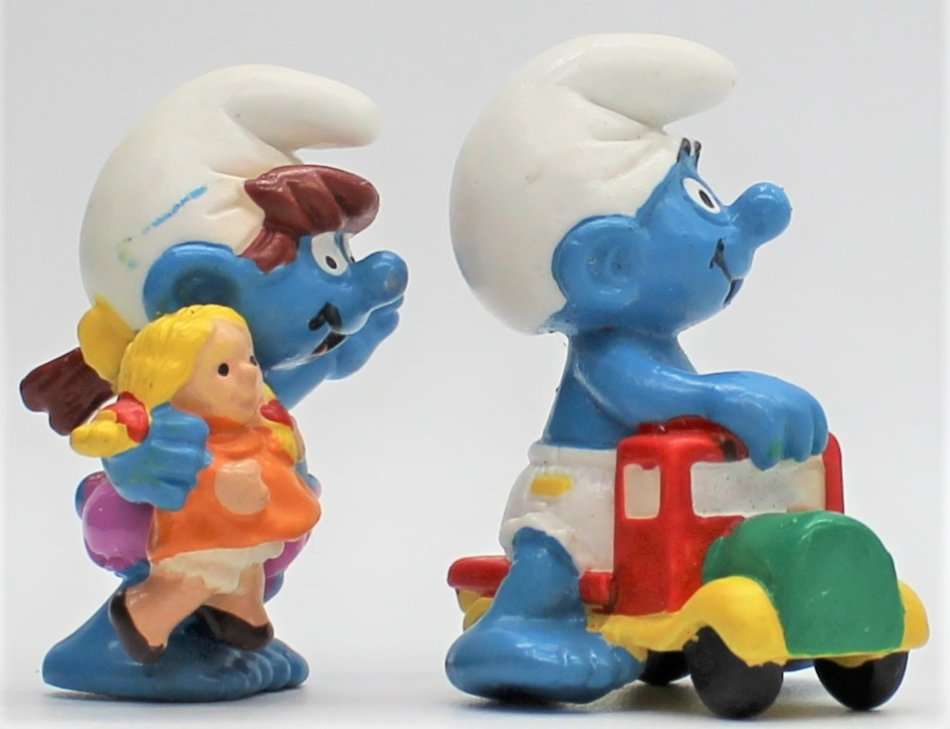 20446 & 20447 - Smurf Child with Doll & Smurf Child on Truck - Hand-Painted Originals