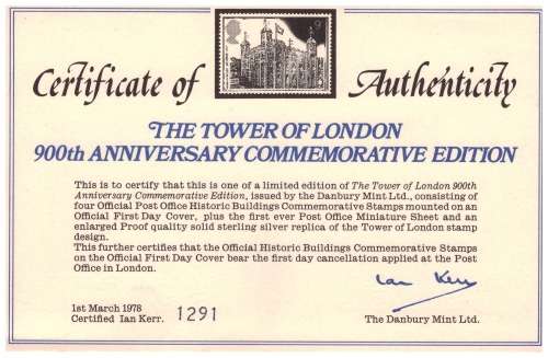 1978 Danbury Mint - Tower of London 900th Anniversary Limited Edition - 73g Solid Sterling Silver