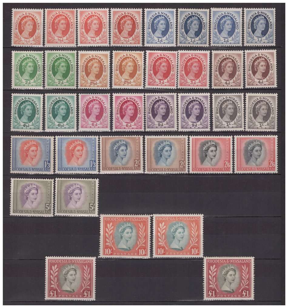 Rhodesia & Nyasaland - 1954-56 2x Complete Mint Definitive Sets to 1 Pound + Extra Used to 1 Pound