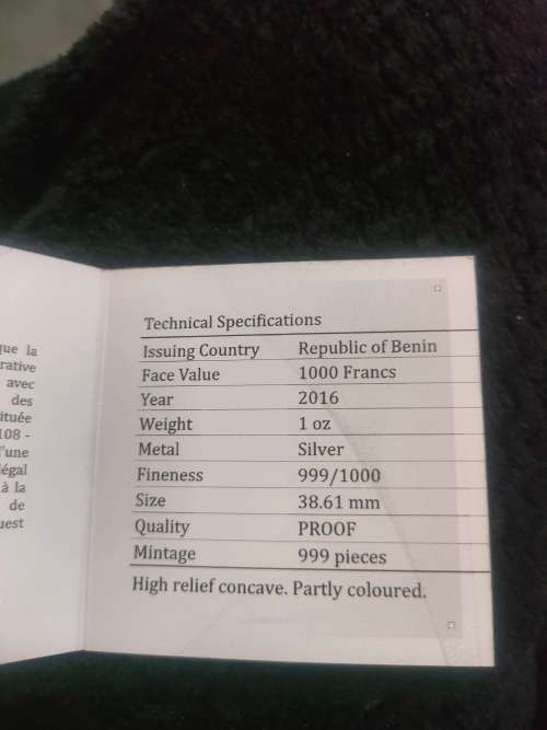 Republic of Benin 1 OZ Silver Coin. 1000 Francs. Only 999 minted. Partly coloured