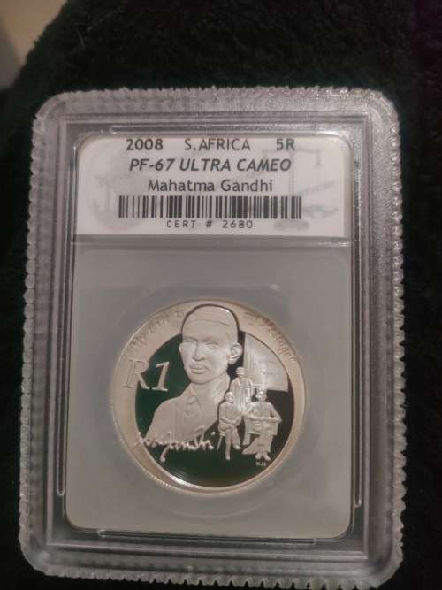 2008 SACGS graded Silver coin. PF 67 ultra cameo. Mahatma Gandhi