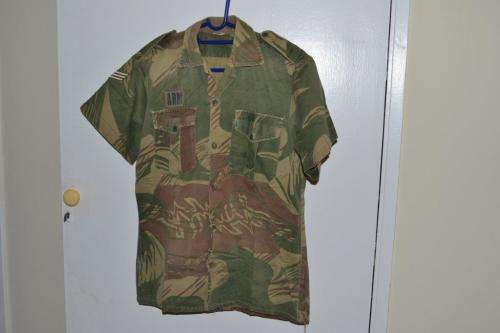 Rhodesian Short Sleeve Camo Shirt with Army breast badge and Sergeant stripe.