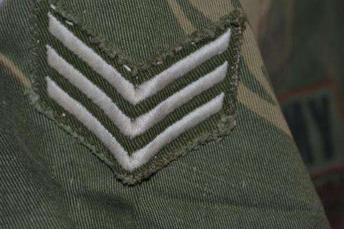 Rhodesian Short Sleeve Camo Shirt with Army breast badge and Sergeant stripe.