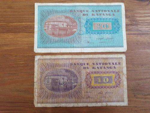 Katanga 10 and 20 Frank Bank Notes. Folded and thin, Please see pictures for condition.