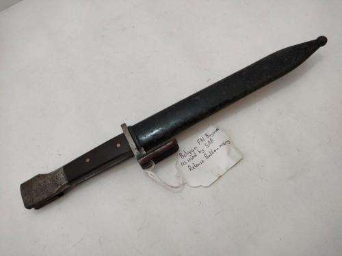 Belguim FN Bayonet and sheath. As used by SAP. Replaced wooden grips and release button missing.
