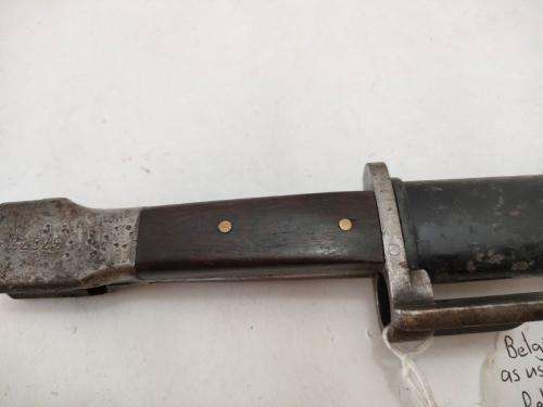 Belguim FN Bayonet and sheath. As used by SAP. Replaced wooden grips and release button missing.