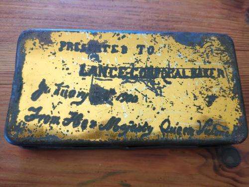 Boer War Chockolate tin engraved on back `Presented to Lance Corporal Baker January 1900 from Her Ma