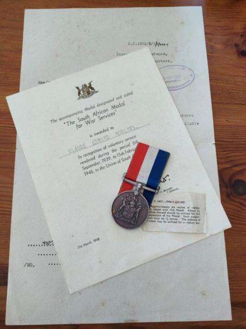 South African WWII War Services Medal with Certificate to Claude Edward Roberts