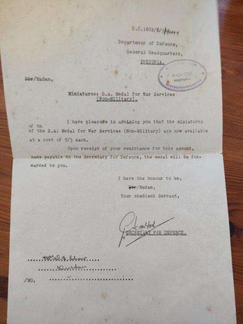 South African WWII War Services Medal with Certificate to Claude Edward Roberts