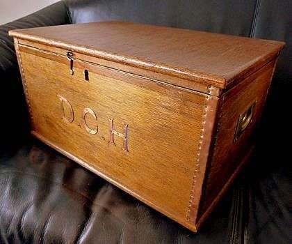 OLD WOODEN BOX, WITH COPPER INITIALS AND EDGING, ART DECO BRASS HANDLES