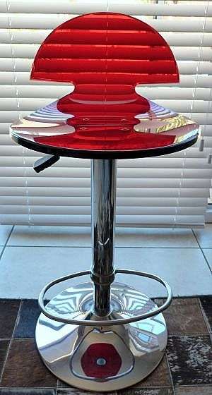 GENUINE ACRYLIC BARSTOOL IN A FANTASTIC RED COLOUR. TWO AVAILABLE. BID FOR ONE