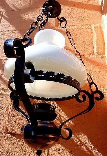 VINTAGE IRON CEILING LIGHT ON CHAINS WITH GLASS SHADE