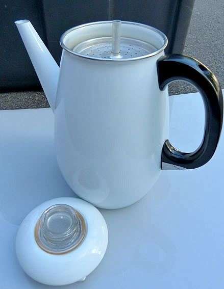 VINTAGE PERCULATOR, WHITE ENAMEL WITH BLACK HANDLE. CLASSY!