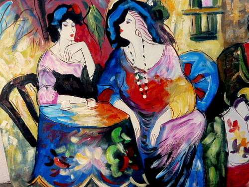 CHARMING SCENE IN BRIGHT COLOURS: OIL ON CANVAS, ARTIST: T. FOURNIER. 61 x 92 cm