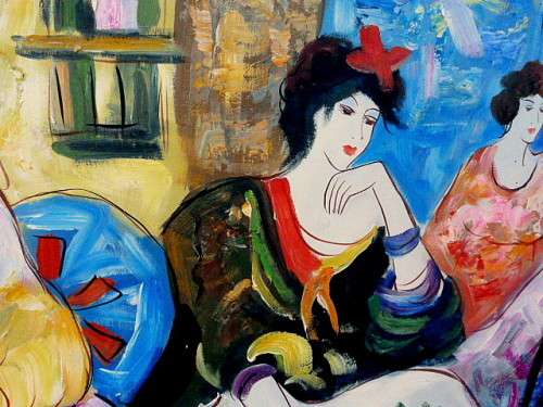 CHARMING SCENE IN BRIGHT COLOURS: OIL ON CANVAS, ARTIST: T. FOURNIER. 61 x 92 cm