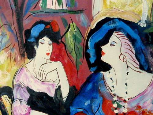 CHARMING SCENE IN BRIGHT COLOURS: OIL ON CANVAS, ARTIST: T. FOURNIER. 61 x 92 cm