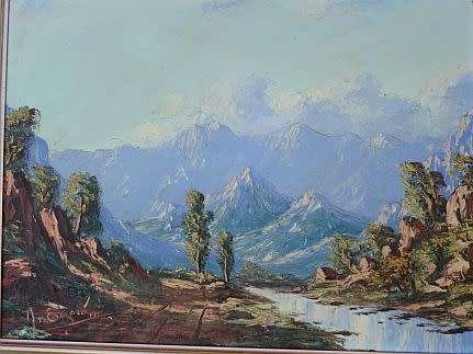 PAINTING OF A VALLEY WITH STREAM AND MOUNTAINS, SIGNED BY ARTIST.OIL ON BOARD.FRAMED