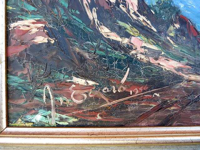 PAINTING OF A VALLEY WITH STREAM AND MOUNTAINS, SIGNED BY ARTIST.OIL ON BOARD.FRAMED