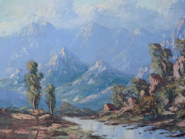 PAINTING OF A VALLEY WITH STREAM AND MOUNTAINS, SIGNED BY ARTIST.OIL ON BOARD.FRAMED