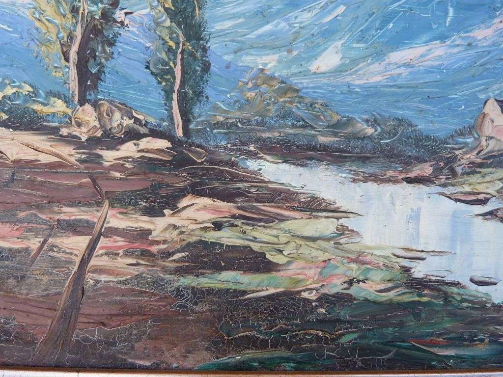 PAINTING OF A VALLEY WITH STREAM AND MOUNTAINS, SIGNED BY ARTIST.OIL ON BOARD.FRAMED