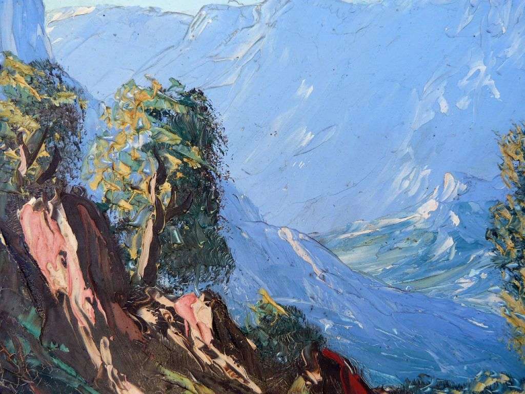 PAINTING OF A VALLEY WITH STREAM AND MOUNTAINS, SIGNED BY ARTIST.OIL ON BOARD.FRAMED