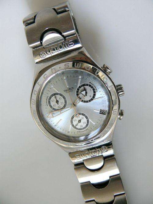 SWATCH IRONY WHEELING YCS 4086,CASE AND STRAP STAINLESS STEEL,STOP FUNCTION,DATE,