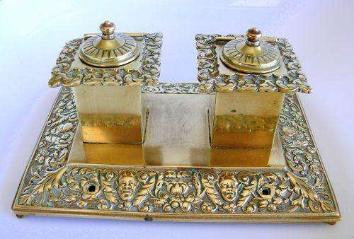 VICTORIAN DOUBLE INKWELL,BRASS,CA. 1900,WITH ORIGINAL GLASS INSERTS