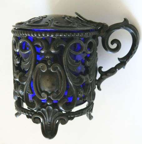 SMALL PEWTER POT WITH HINGED LID AND BLUE GLASS INNER