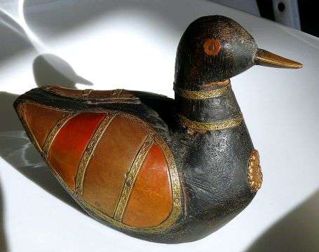 WOODEN DUCK WITH COPPER AND BRASS