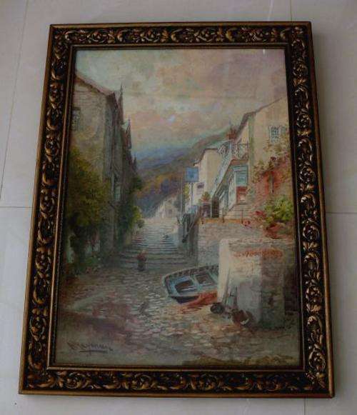 ALFRED LEYMAN(BRITICH 1856-1933) "CLOVELLY,DEVON",WATER COLOUR CA.1900,SIGNED