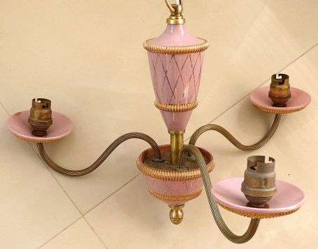 THREE ARMED CHANDELIER,GILTED CERAMIC/BRASS