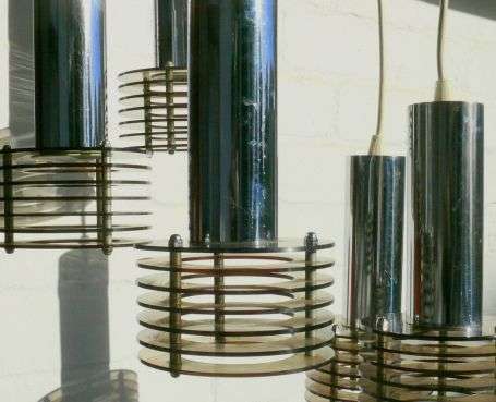 RETRO FIVE LIGHT HANGING LAMP,CHROME,SMOKED ACRYLIC,1970's