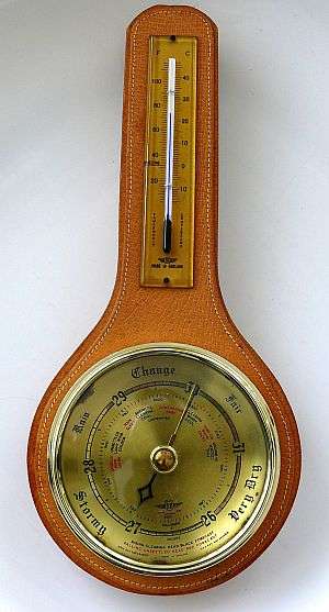 SHORTLAND BAROMETER/THERMOMETER ON LEATHER COVERED BASE