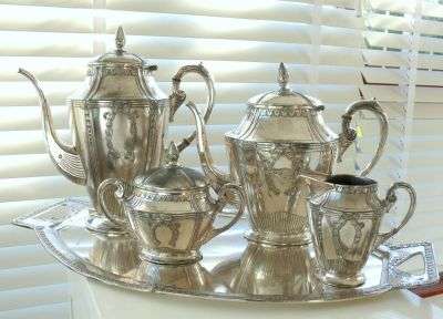 KAYSERZINN;ca 1910! GERMAN PEWTER,SILVERPLATED TEA/COFFEE SET ON TRAY //Pls check all pics..