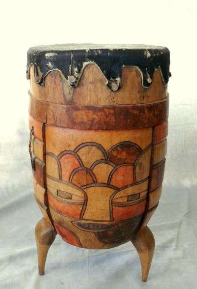CARVED WOODEN DRUM WITH NGUNI HIDE;HEIGHT 65 cm