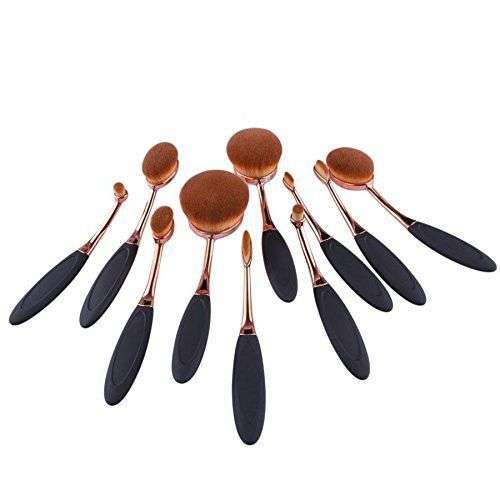 Oval Makeup Brush Set By Nordic Beauty - Rose Gold & Black - 10 Piece