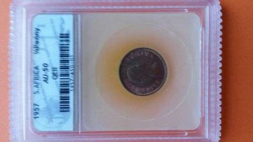 UNION OF SOUTH AFRICA 1957 QUARTER PENNY GRADED AU50