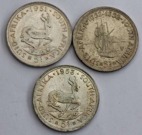x3 SA Union 5 Shillings (1951-1953) - 50% Silver **Bid per coin to take All**